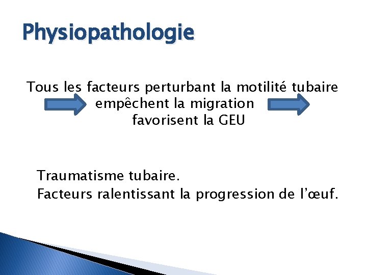 Physiopathologie Tous les facteurs perturbant la motilité tubaire empêchent la migration favorisent la GEU