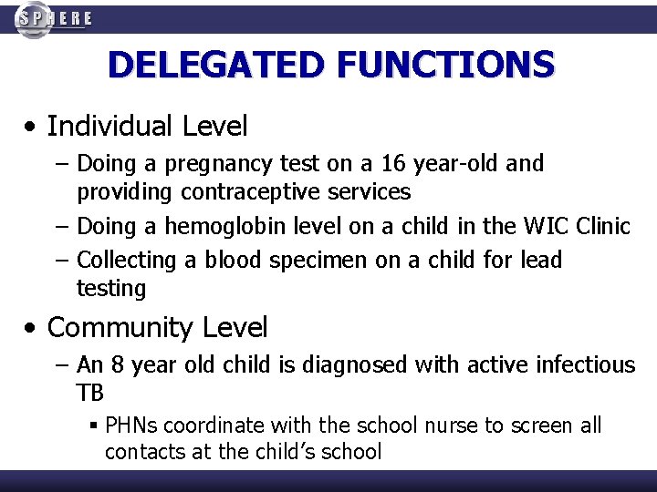 DELEGATED FUNCTIONS • Individual Level – Doing a pregnancy test on a 16 year-old