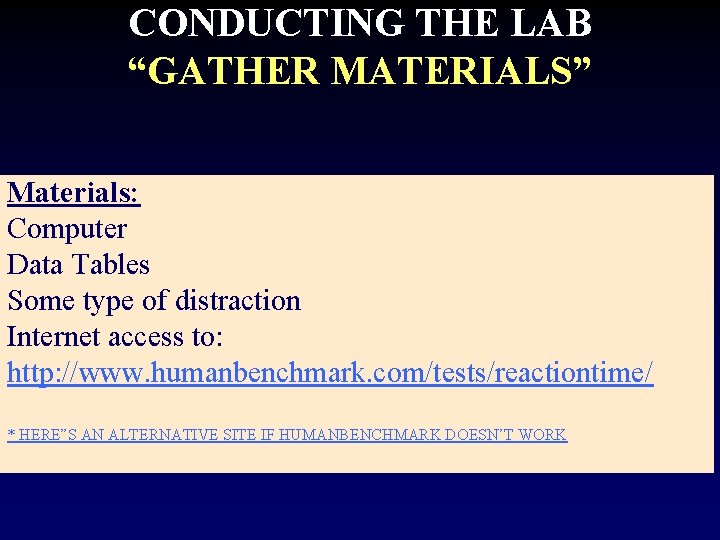 CONDUCTING THE LAB “GATHER MATERIALS” Materials: Computer Data Tables Some type of distraction Internet