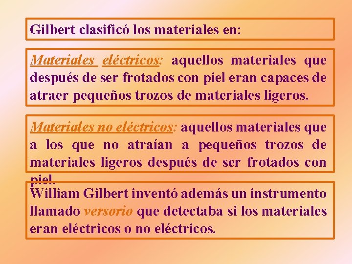 Gilbert clasificó los materiales en: Materiales eléctricos: aquellos materiales que después de ser frotados