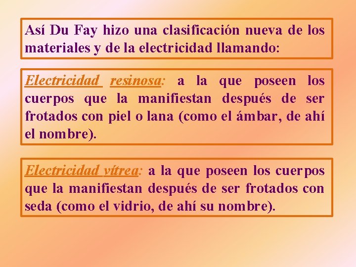 Así Du Fay hizo una clasificación nueva de los materiales y de la electricidad