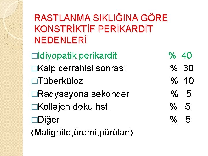 RASTLANMA SIKLIĞINA GÖRE KONSTRİKTİF PERİKARDİT NEDENLERİ �İdiyopatik perikardit �Kalp cerrahisi sonrası �Tüberküloz �Radyasyona sekonder