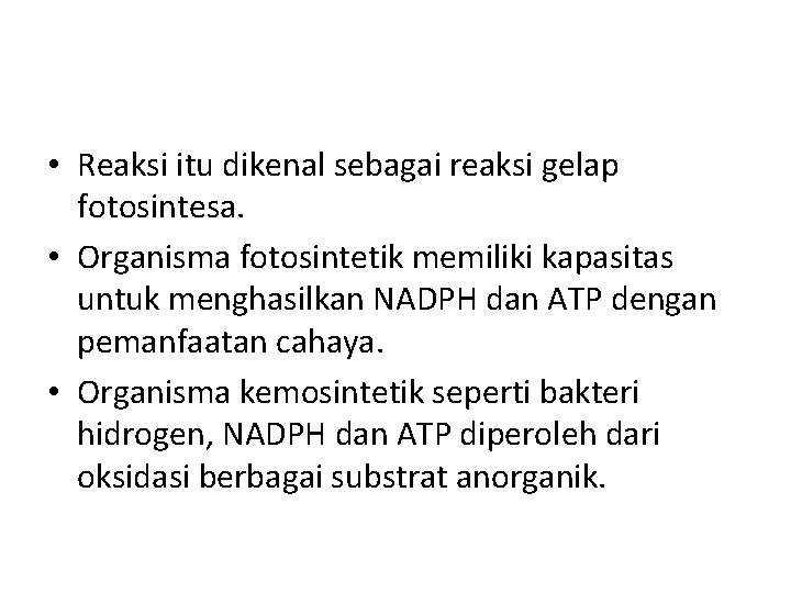  • Reaksi itu dikenal sebagai reaksi gelap fotosintesa. • Organisma fotosintetik memiliki kapasitas