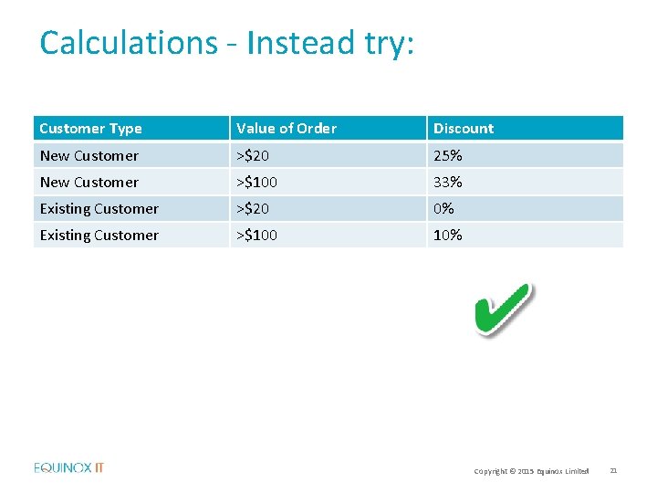 Calculations - Instead try: Customer Type Value of Order Discount New Customer >$20 25%
