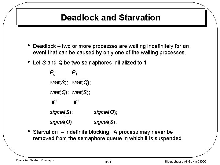 Deadlock and Starvation • Deadlock – two or more processes are waiting indefinitely for Deadlock and Starvation • Deadlock – two or more processes are waiting indefinitely for