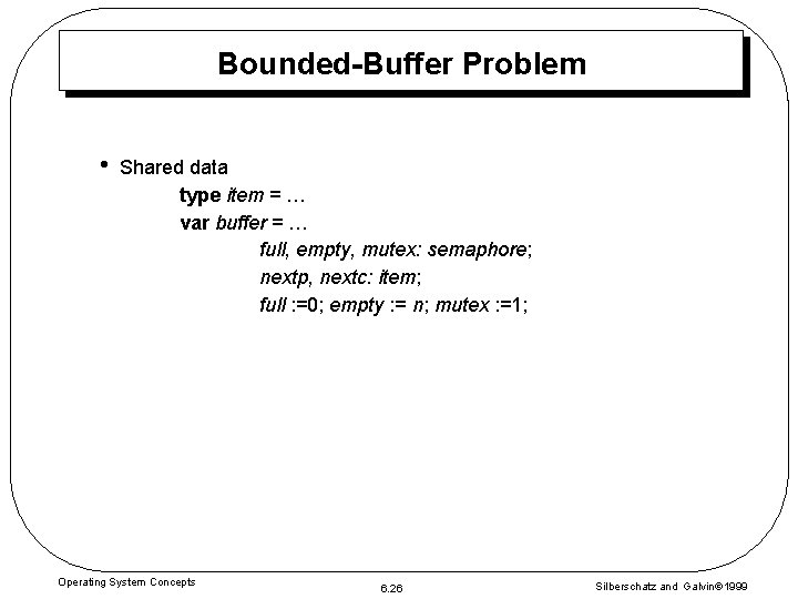 Bounded-Buffer Problem • Shared data type item = … var buffer = … full,