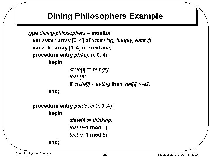 Dining Philosophers Example type dining-philosophers = monitor var state : array [0. . 4]