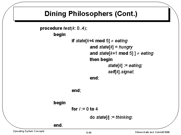 Dining Philosophers (Cont. ) procedure test(k: 0. . 4); begin if state[k+4 mod 5]