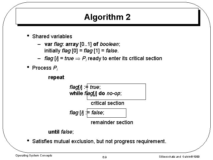 Algorithm 2 • Shared variables – var flag: array [0. . 1] of boolean;