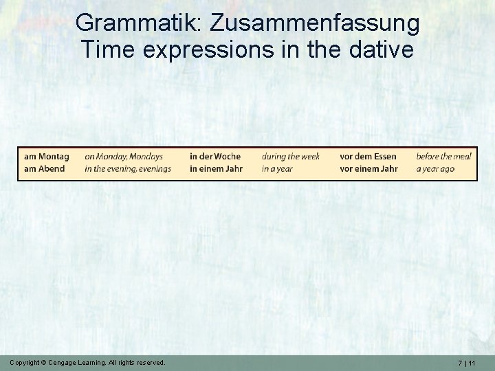 Grammatik: Zusammenfassung Time expressions in the dative Copyright © Cengage Learning. All rights reserved.