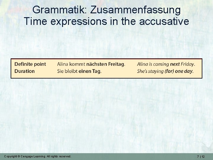 Grammatik: Zusammenfassung Time expressions in the accusative Copyright © Cengage Learning. All rights reserved.