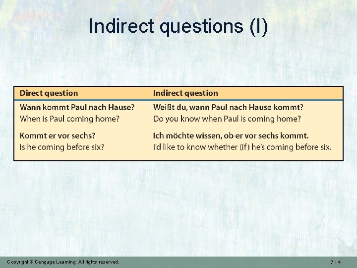Indirect questions (I) Copyright © Cengage Learning. All rights reserved. 7|4 