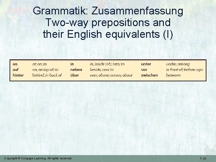 Grammatik: Zusammenfassung Two-way prepositions and their English equivalents (I) Copyright © Cengage Learning. All