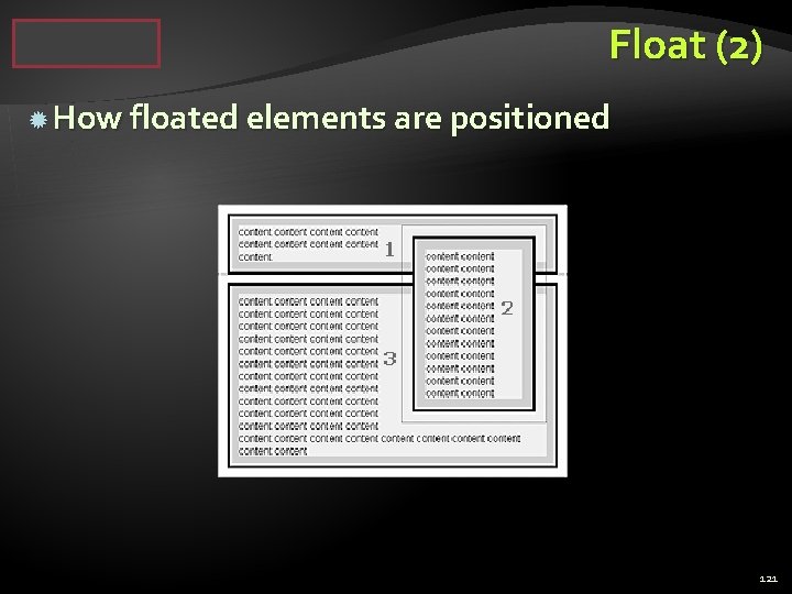 Float (2) How floated elements are positioned 121 