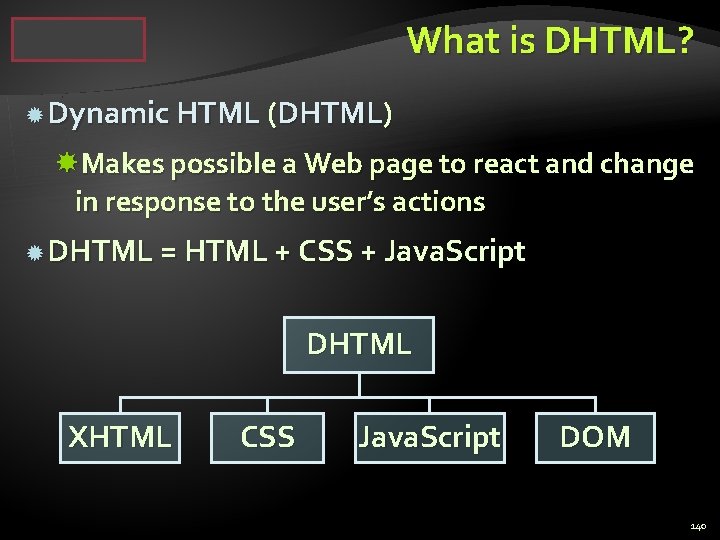 What is DHTML? Dynamic HTML (DHTML) Makes possible a Web page to react and