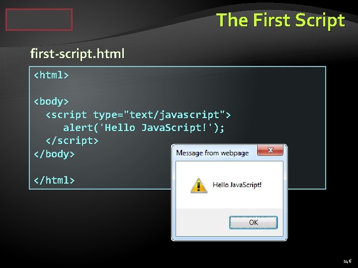 The First Script first-script. html <html> <body> <script type="text/javascript"> alert('Hello Java. Script!'); </script> </body>