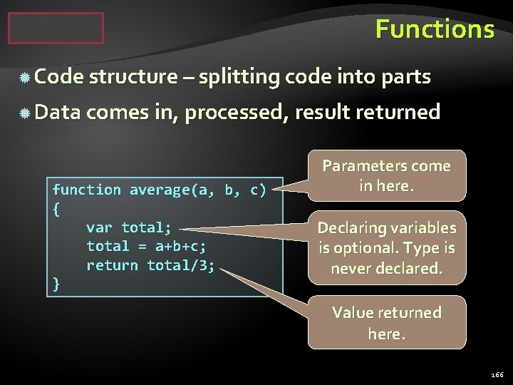 Functions Code structure – splitting code into parts Data comes in, processed, result returned