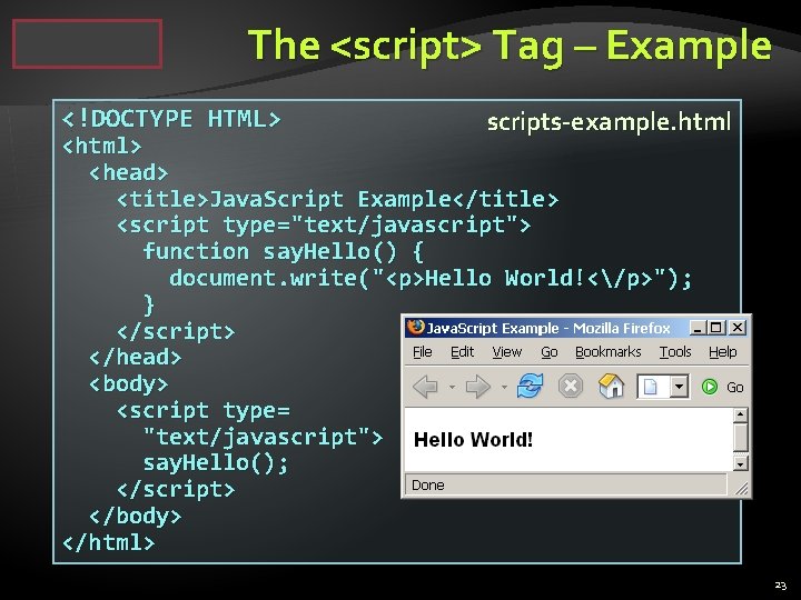 The <script> Tag – Example <!DOCTYPE HTML> scripts-example. html <html> <head> <title>Java. Script Example</title>