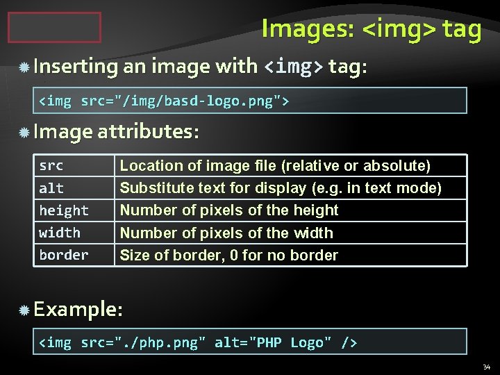 Images: <img> tag Inserting an image with <img> tag: <img src="/img/basd-logo. png"> Image attributes: