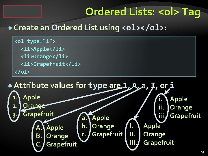 Ordered Lists: <ol> Tag Create an Ordered List using <ol></ol>: <ol type="1"> <li>Apple</li> <li>Orange</li>