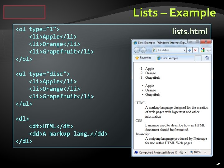 Lists – Example <ol type="1"> <li>Apple</li> <li>Orange</li> <li>Grapefruit</li> </ol> lists. html <ul type="disc"> <li>Apple</li>