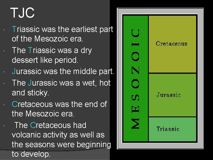 TJC Triassic was the earliest part of the Mesozoic era. The Triassic was a