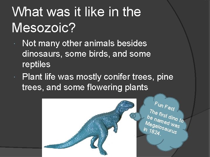 What was it like in the Mesozoic? Not many other animals besides dinosaurs, some