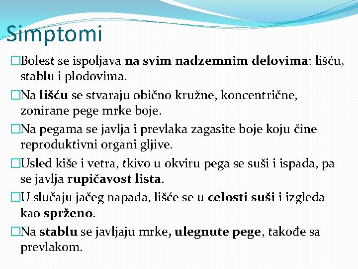 Simptomi �Bolest se ispoljava na svim nadzemnim delovima: lišću, stablu i plodovima. �Na lišću