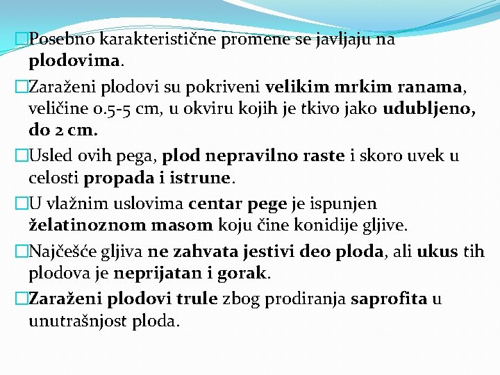 �Posebno karakteristične promene se javljaju na plodovima. �Zaraženi plodovi su pokriveni velikim mrkim ranama,