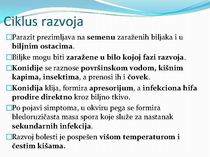 Ciklus razvoja �Parazit prezimljava na semenu zaraženih biljaka i u biljnim ostacima. �Biljke mogu