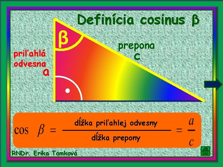 priľahlá odvesna β Definícia cosinus β prepona c a dĺžka priľahlej odvesny dĺžka prepony