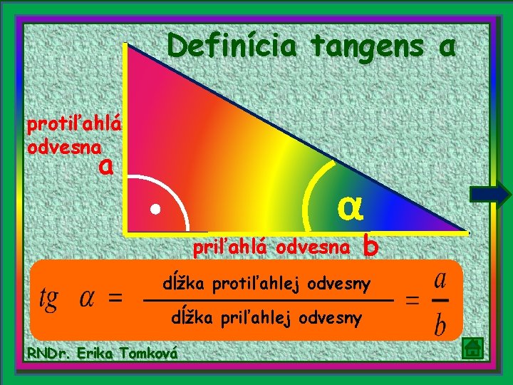 Definícia tangens α protiľahlá odvesna a α priľahlá odvesna b dĺžka protiľahlej odvesny dĺžka