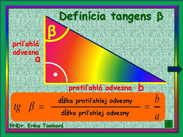 priľahlá odvesna β Definícia tangens β a protiľahlá odvesna dĺžka protiľahlej odvesny dĺžka priľahlej