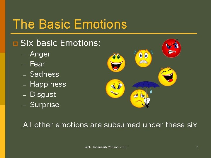 The Basic Emotions p Six basic Emotions: – – – Anger Fear Sadness Happiness