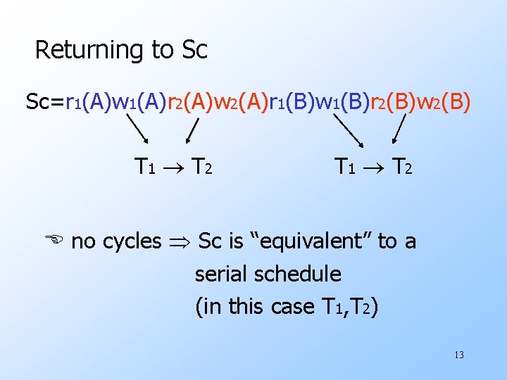 Returning to Sc Sc=r 1(A)w 1(A)r 2(A)w 2(A)r 1(B)w 1(B)r 2(B)w 2(B) T 1