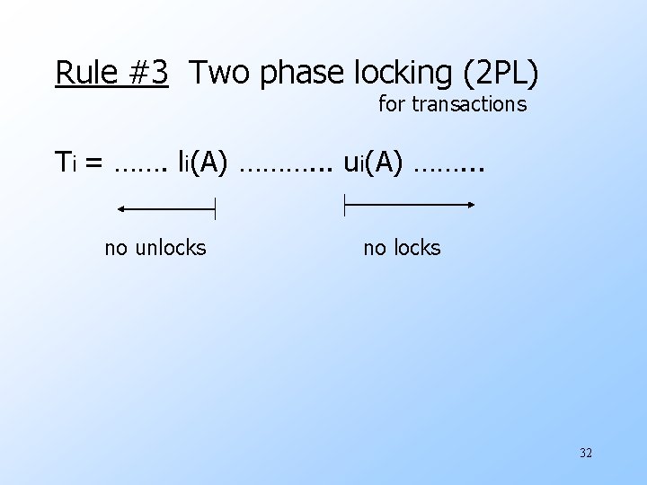 Rule #3 Two phase locking (2 PL) for transactions Ti = ……. li(A) ……….