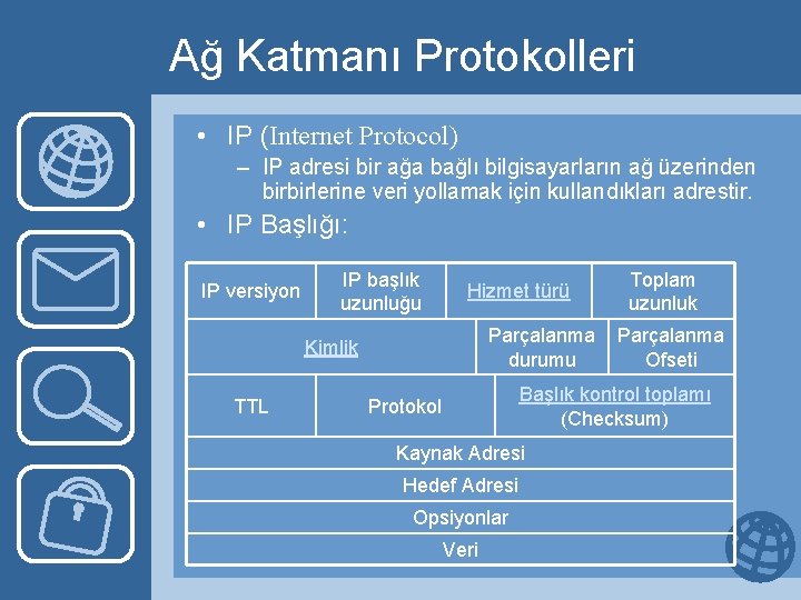 Ağ Katmanı Protokolleri • IP (Internet Protocol) – IP adresi bir ağa bağlı bilgisayarların