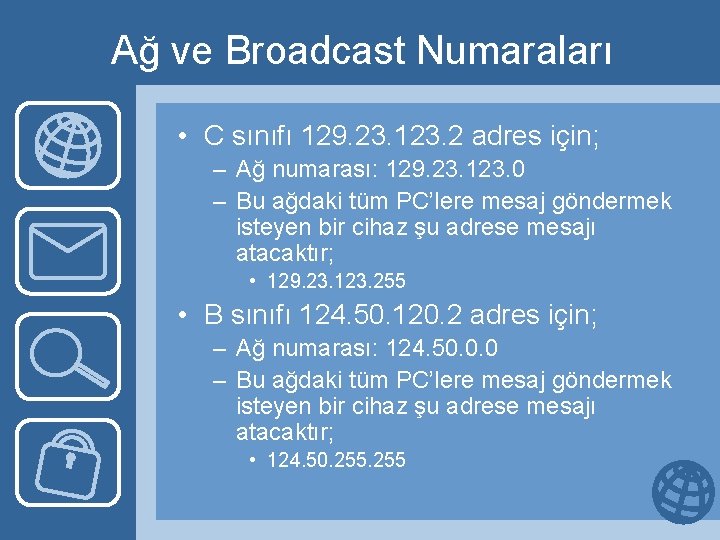 Ağ ve Broadcast Numaraları • C sınıfı 129. 23. 123. 2 adres için; –