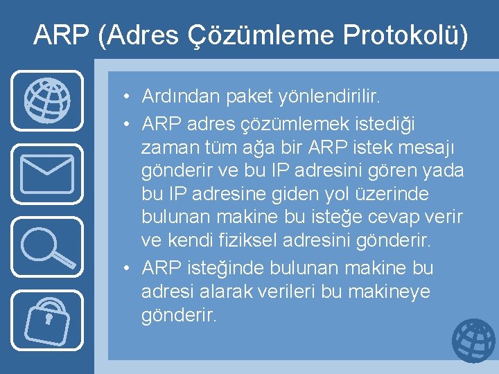 ARP (Adres Çözümleme Protokolü) • Ardından paket yönlendirilir. • ARP adres çözümlemek istediği zaman