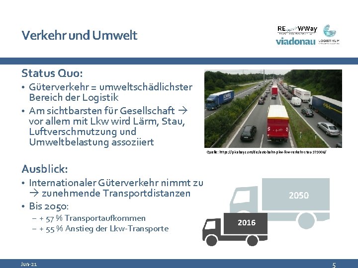 Verkehr und Umwelt Status Quo: • Güterverkehr = umweltschädlichster Bereich der Logistik • Am