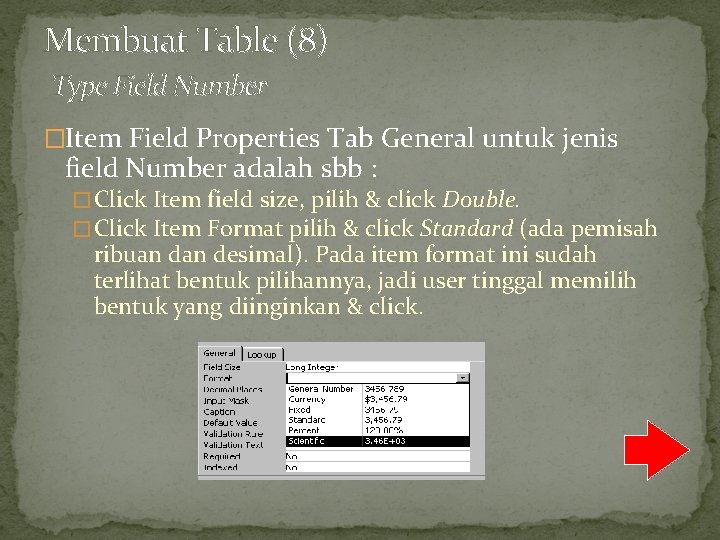 Membuat Table (8) Type Field Number �Item Field Properties Tab General untuk jenis field