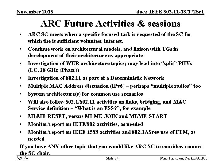 November 2018 doc. : IEEE 802. 11 -18/1725 r 1 ARC Future Activities &