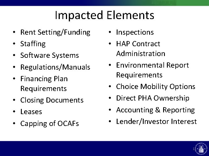 Impacted Elements Rent Setting/Funding Staffing Software Systems Regulations/Manuals Financing Plan Requirements • Closing Documents Impacted Elements Rent Setting/Funding Staffing Software Systems Regulations/Manuals Financing Plan Requirements • Closing Documents