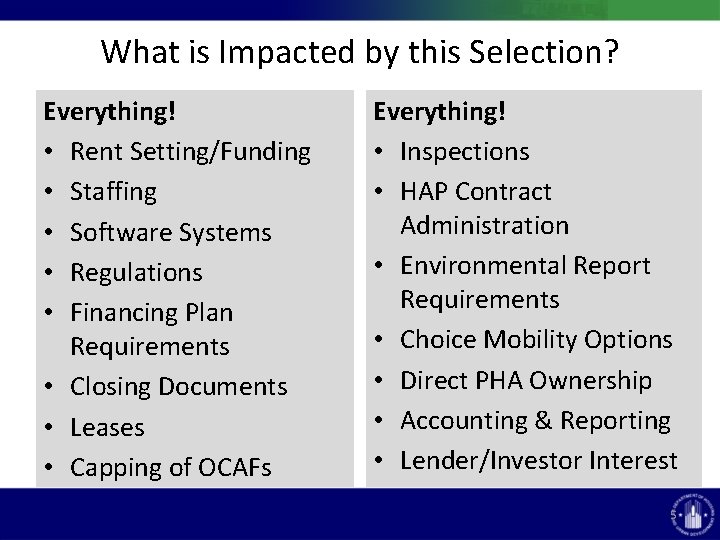 What is Impacted by this Selection? Everything! • Rent Setting/Funding • Staffing • Software What is Impacted by this Selection? Everything! • Rent Setting/Funding • Staffing • Software