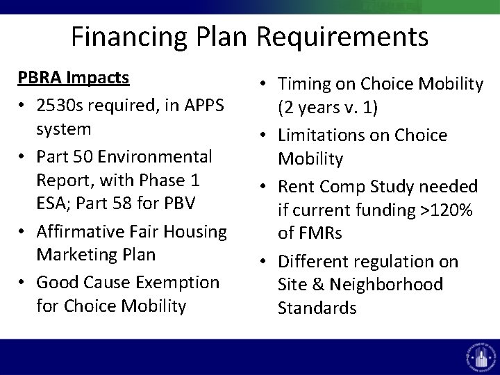 Financing Plan Requirements PBRA Impacts • 2530 s required, in APPS system • Part Financing Plan Requirements PBRA Impacts • 2530 s required, in APPS system • Part