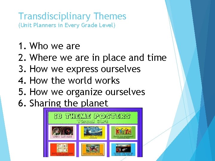 Transdisciplinary Themes (Unit Planners in Every Grade Level) 1. 2. 3. 4. 5. 6.