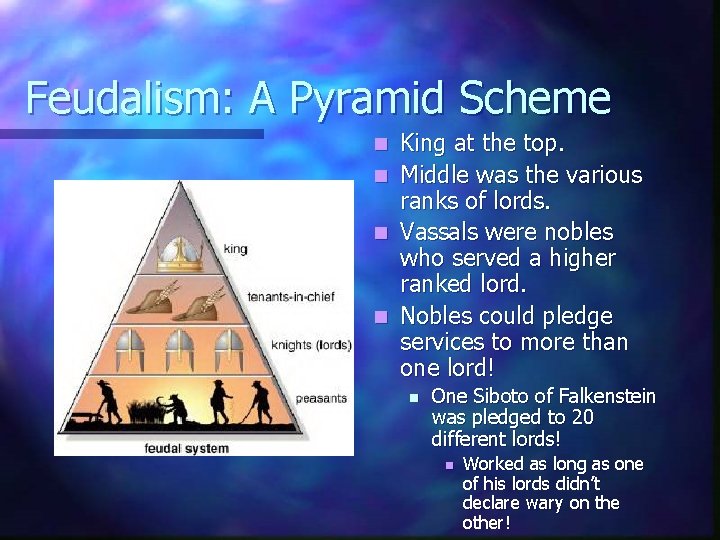 Feudalism: A Pyramid Scheme n n King at the top. Middle was the various