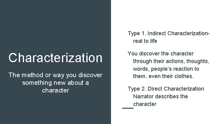 Type 1. Indirect Characterizationreal to life Characterization The method or way you discover something