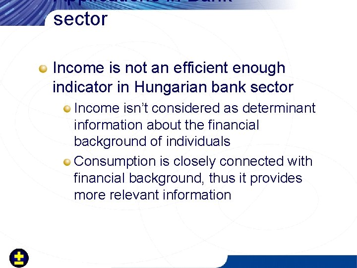 Applications in Bank sector Income is not an efficient enough indicator in Hungarian bank