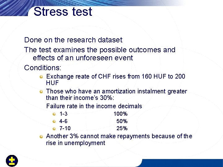 Stress test Done on the research dataset The test examines the possible outcomes and